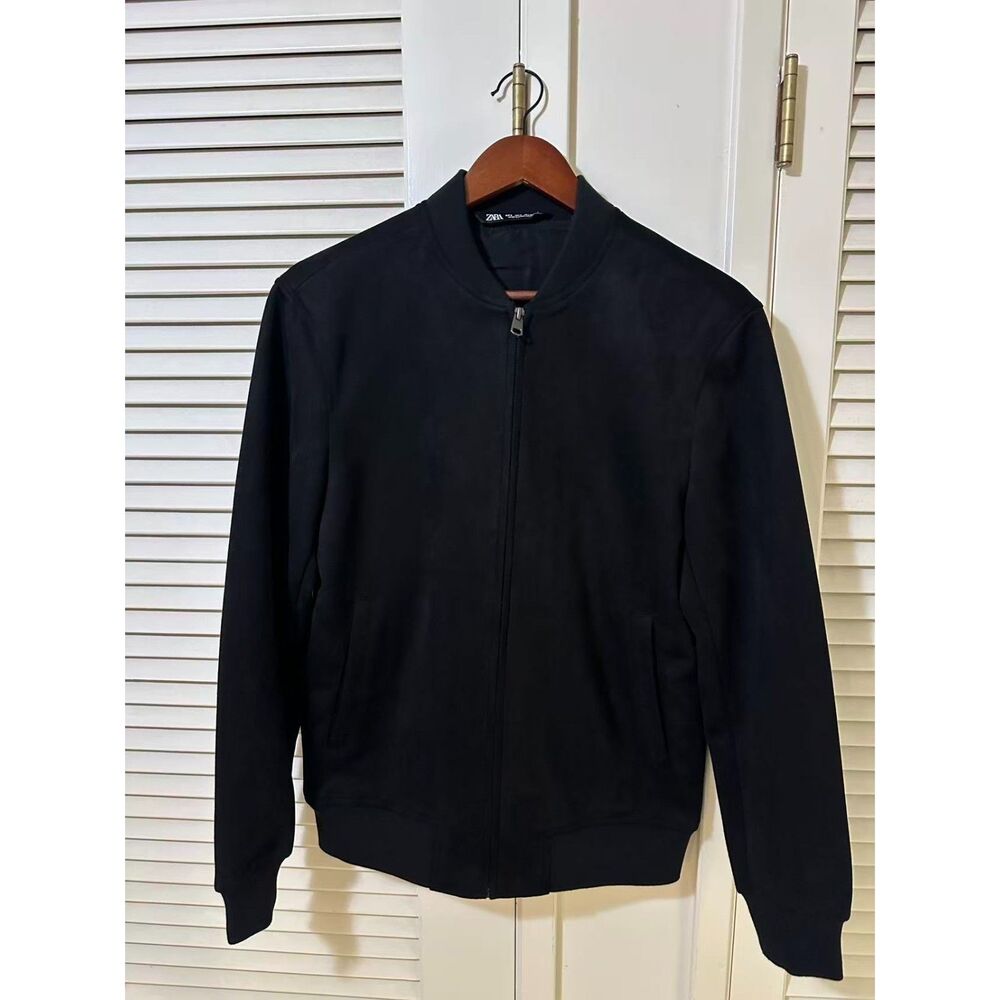 Zara Womens Small S Black Suede touch Bomber Jacket Full Zip Lined Pockets